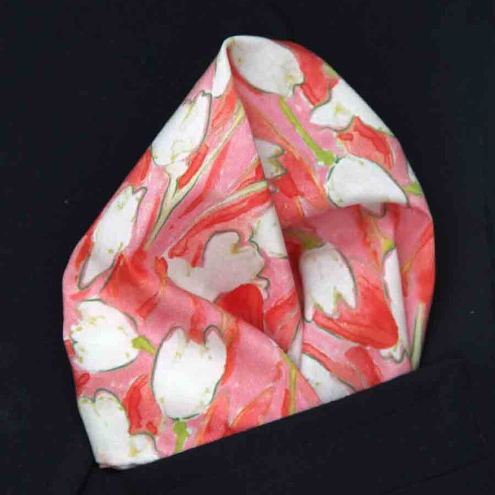 NEW Hand Stitched Cotton Pocket Square Tulip Bloom Floral Pink White Green Men's